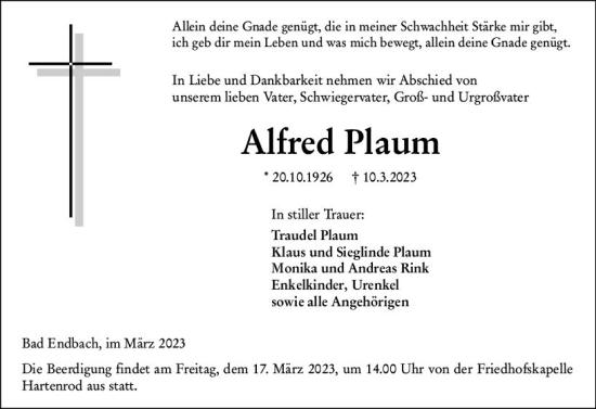 Traueranzeige von Alfred Plaum von Hinterländer Anzeiger