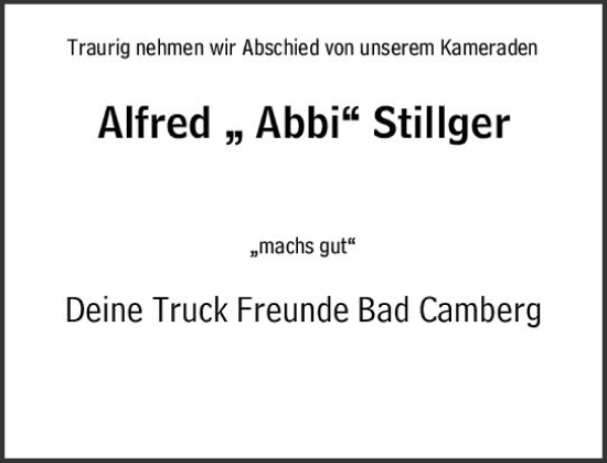 Traueranzeige von Alfred Stillger von Camberger Anzeiger