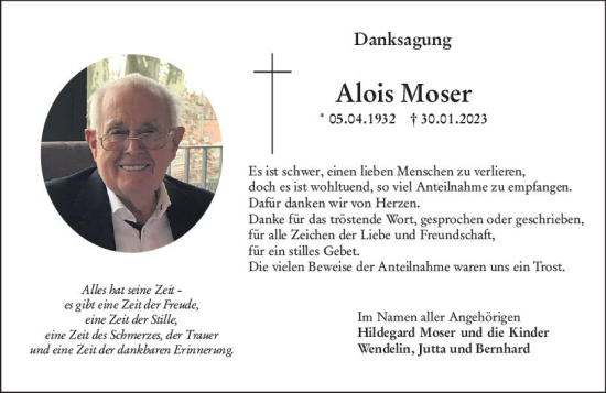 Traueranzeige von Alois Moser von Allgemeine Zeitung Mainz