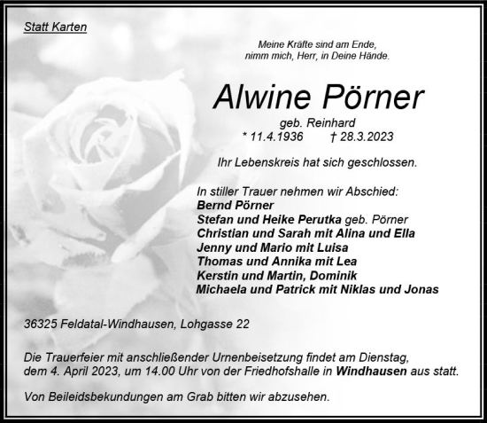 Traueranzeige von Alwine Pörner von VRM Trauer