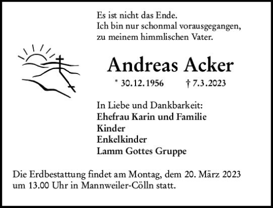 Traueranzeige von Andreas Acker von Allgemeine Zeitung Alzey
