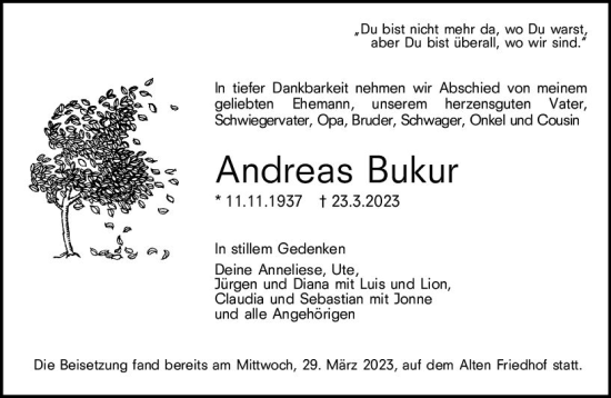 Traueranzeige von Andreas Bukur von Hochheimer Zeitung