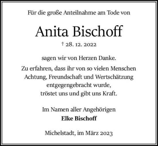 Traueranzeige von Anita Bischoff von Odenwälder Echo