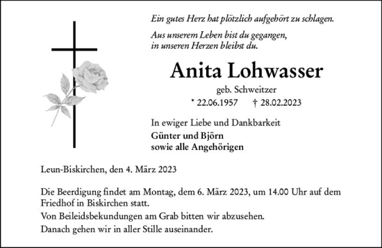 Traueranzeige von Anita Lohwasser von Wetzlarer Neue Zeitung