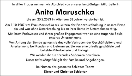 Traueranzeige von Anita Maruschka von Idsteiner Land/Untertaunus