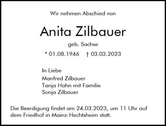 Traueranzeige von Anita Zilbauer von Allgemeine Zeitung Mainz