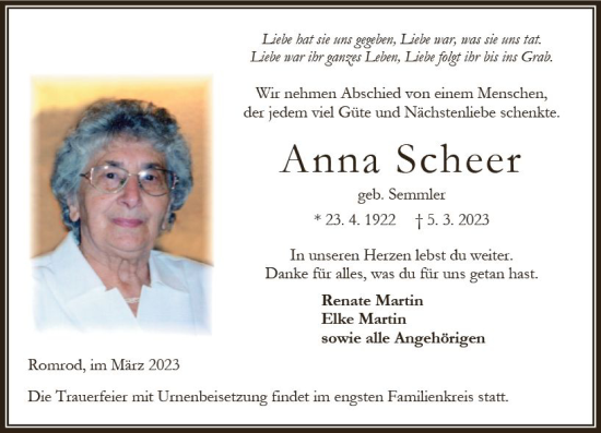 Traueranzeige von Anna Scheer von VRM Trauer
