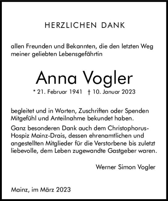 Traueranzeige von Anna Vogler von Allgemeine Zeitung Mainz