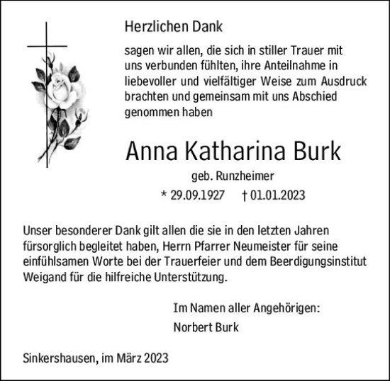 Traueranzeige von Anna Katharina Burk von Hinterländer Anzeiger