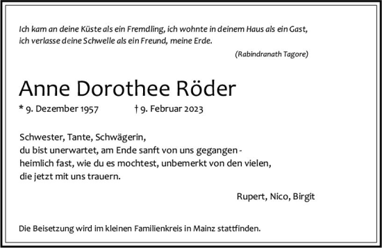 Traueranzeige von Anne Dorothee Röder von Wiesbadener Kurier