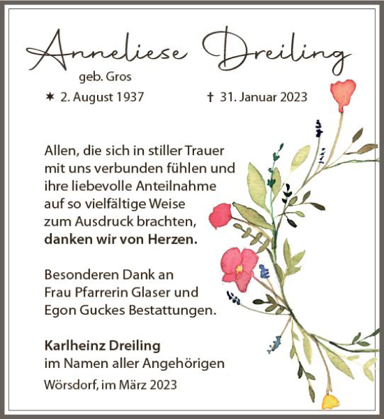 Traueranzeige von Anneliese Dreiling von Idsteiner Land/Untertaunus
