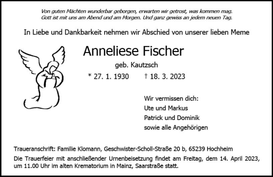 Traueranzeige von Anneliese Fischer von Allgemeine Zeitung Mainz