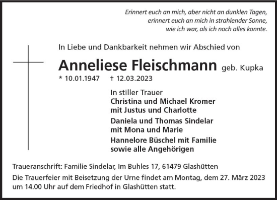 Traueranzeige von Anneliese Fleischmann von Camberger Anzeiger