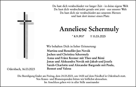 Traueranzeige von Anneliese Schermuly von Weilburger Tageblatt