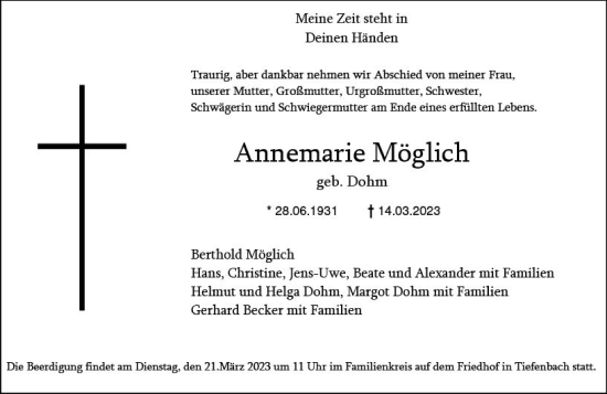 Traueranzeige von Annemarie Möglich von Wetzlarer Neue Zeitung