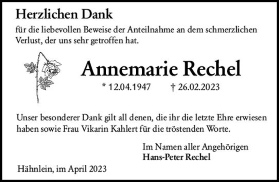 Traueranzeige von Annemarie Rechel von Darmstädter Echo