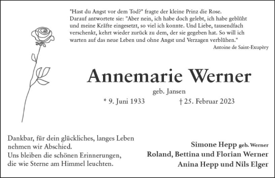 Traueranzeige von Annemarie Werner von Wiesbadener Kurier