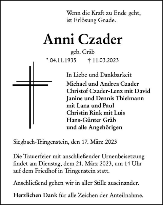 Traueranzeige von Anni Czader von Dill Block