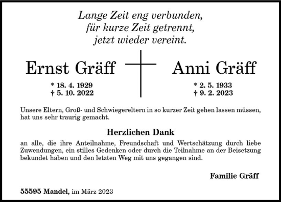Traueranzeige von Anni Gräff von Allgemeine Zeitung Bad Kreuznach