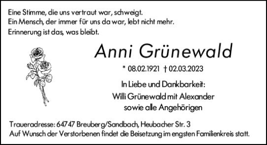 Traueranzeige von Anni Grünewald von Odenwälder Echo
