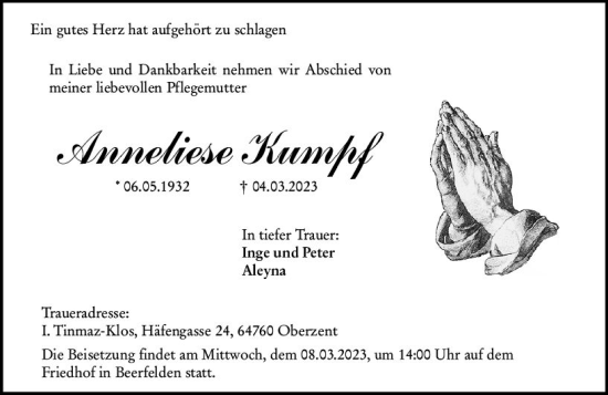 Traueranzeige von Annliese Kumpf von Odenwälder Echo