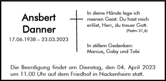 Traueranzeige von Ansbert Danner von Allgemeine Zeitung Mainz