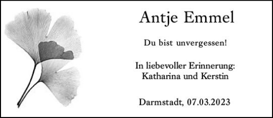 Traueranzeige von Antje Emmel von Darmstädter Echo