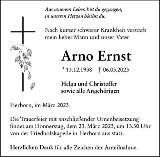 Traueranzeige von Arno Ernst von Dill Block