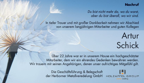 Traueranzeige von Artur Schick von Dill Block