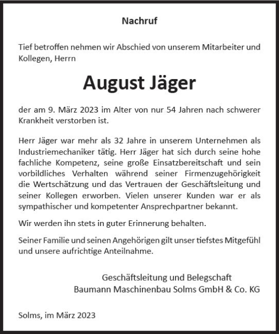 Traueranzeige von August Jäger von Wetzlarer Neue Zeitung