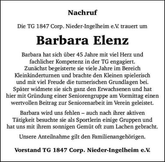 Traueranzeige von Barbara Elenz von Allgemeine Zeitung Bingen/Ingelheim