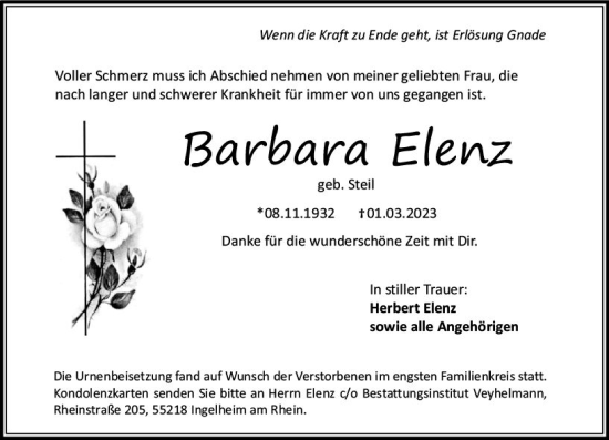 Traueranzeige von Barbara Elenz von Allgemeine Zeitung Bingen/Ingelheim