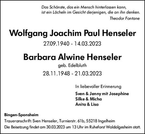 Traueranzeige von Barbara Alwine Henseler von Bingen/Ingelheim WOBL inkl. Neue Binger Ztg.