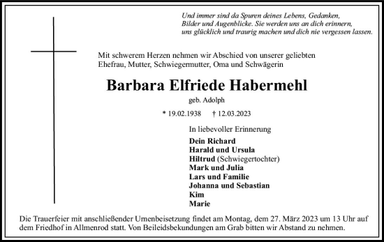Traueranzeige von Barbara Elfriede Habermehl von VRM Trauer