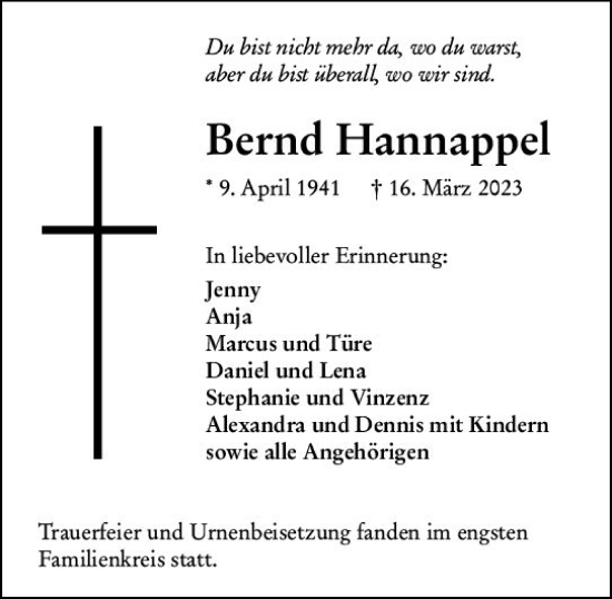 Traueranzeige von Bernd Hannappel von Nassauische Neue Presse