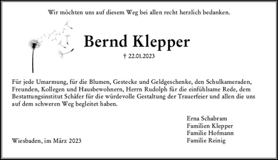Traueranzeige von Bernd Klepper von Wiesbadener Kurier