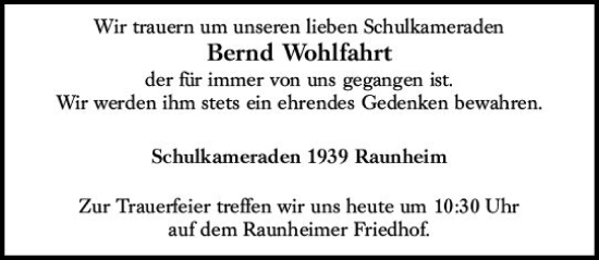 Traueranzeige von Bernd Wohlfahrt von Rüsselsheimer Echo