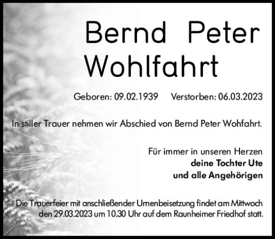 Traueranzeige von Bernd Peter Wohlfahrt von Rüsselsheimer Echo