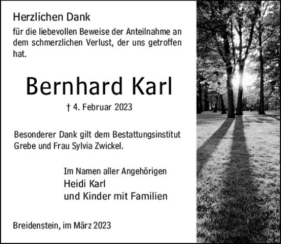 Traueranzeige von Bernhard Karl von Hinterländer Anzeiger