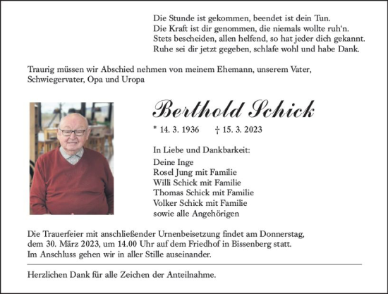 Traueranzeige von Berthold Schick von Wetzlarer Neue Zeitung