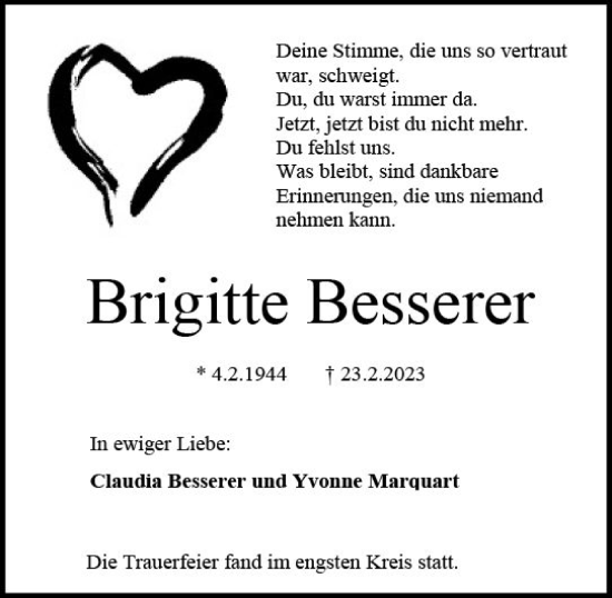 Traueranzeige von Brigitte Besserer von Darmstädter Echo