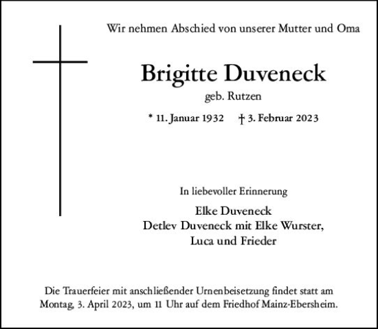 Traueranzeige von Brigitte Duveneck von Allgemeine Zeitung Mainz