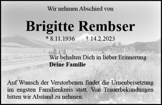 Traueranzeige von Brigitte Rembser von Camberger Anzeiger