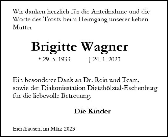 Traueranzeige von Brigitte Wagner von Dill Block