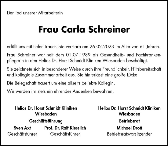Traueranzeige von Carla Schreiner von Wiesbadener Kurier