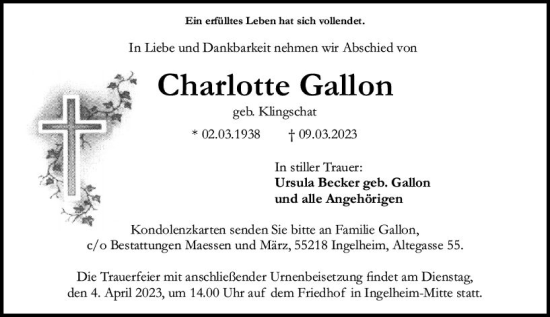 Traueranzeige von Charlotte Gallon von Allgemeine Zeitung Bingen/Ingelheim