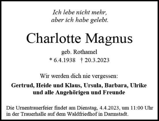 Traueranzeige von Charlotte Magnus von Darmstädter Echo