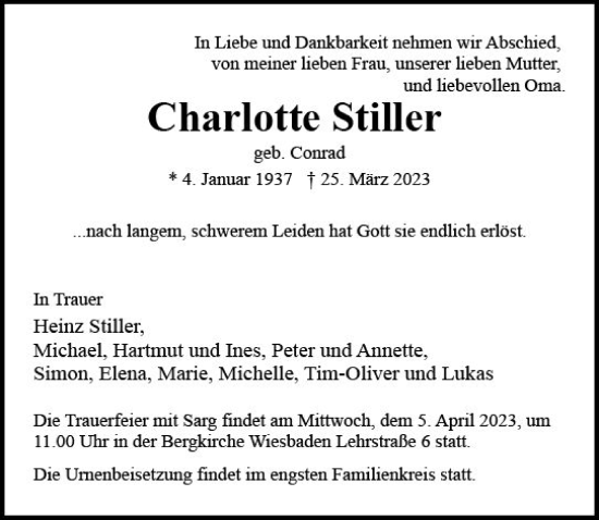 Traueranzeige von Charlotte Stiller von Wiesbadener Kurier