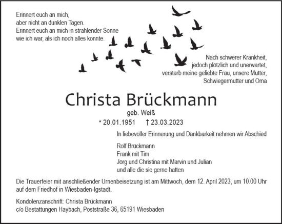Traueranzeige von Christa Brückmann von Wiesbadener Kurier Traueranzeige von Christa Brückmann von Wiesbadener Kurier