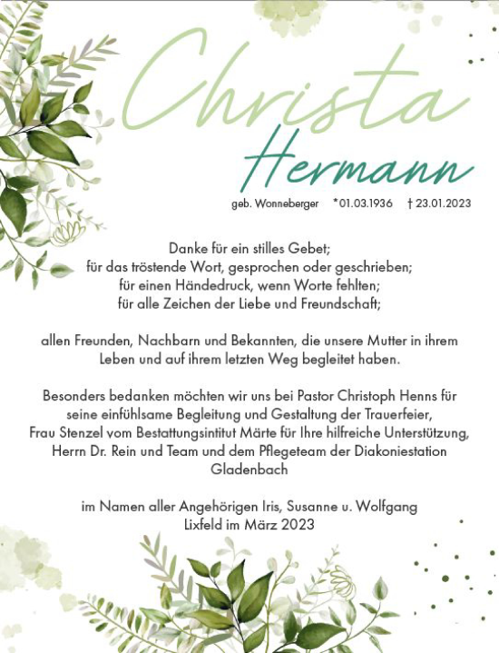 Traueranzeige von Christa Hermann von Hinterländer Anzeiger